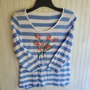 TALBOTS 3/4 SL 'The Talbots Tee' in‎ STRIPES & TULIPS - Large Blue White Coral